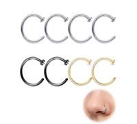 BTACGWP 8 Finto Piercing al Naso in Acciaio Inox, Anelli a C Ø8mm, 4 Argento 2 Nero 2 Oro, Chiusura Sicura Senza Ago, Look Istantaneo e Ipoallergenico per Pelli Sensibili