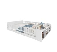 BTBHIHO Lettino da pavimento, letto per bambini con cuscinetto aperto e ripiani, letto Montessori da pavimento in legno massello di pino con alloggiamento apribile senza materasso, bianco (140 x 190