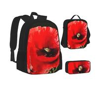BTCOWZRV Confezione da 3 zaini in tela blu mimetica, borsa da viaggio per donne e uomini, con astuccio portapranzo, Bellissimo fiore di papavero rosso, Taglia unica, Zaini Daypack