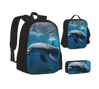 BTCOWZRV Confezione da 3 zaini in tela con simpatico dinosauro, borsa da viaggio per donne e uomini, con astuccio per il pranzo, Delfini nell'oceano, Taglia unica, Zaini Daypack