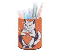 BTCOWZRV Portapenne Astuccio in piedi con gatto che tiene un astuccio a forma di cuore portamatite rotondo in pelle PU astuccio per matite astuccio per cancelleria per ufficio organizer retrattile