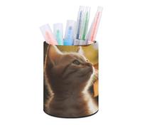 BTCOWZRV Portapenne in piedi Astuccio portamatite gatto sotto le foglie astuccio rotondo portamatite in pelle PU astuccio cancelleria per ufficio organizzatore in piedi astuccio retrattile, gatto