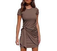 BTFBM - Mini abito da donna, casual, a maniche corte, tinta unita, con increspature, da sole, spiaggia - marrone - L