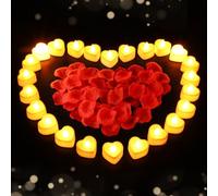 BTFO Set di Petali di Rosa e Candele, 2000pz di Petali di Rosa Artificiali con 24pz di Candele a LED Candele a Forma di Cuore Senza Fiamma Decorazioni Romantiche per San Valentino Forniture