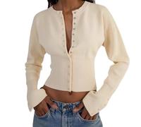 BTFONIA Maglioni Corti da Donna abbottonati a Maniche Lunghe con Scollo a V in Maglia a Coste Slim Fit Pullover Crop Top(Apricot,M)