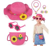 BTHRORO Cappello da Sole per Bambina, Set Cappello di Paglia con Decorazione Floreale, Cappello da Spiaggia e Mini Borsa di Paglia per Ragazze, con Occhiali da Sole e Gioielli Bambina