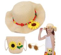 BTHRORO Cappello da Sole per Bambina, Set Cappello di Paglia con Decorazione Floreale, Cappello da Spiaggia e Mini Borsa di Paglia per Ragazze, con Occhiali da Sole