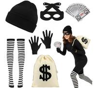 BTHRORO Costume Ladro Accessorio, Set Costume da Ladro Maschera Guanti Berretto a Righe Borsa dei Soldi Rapinatore di Banche per Adulti Donna Halloween Carnevale Cosplay