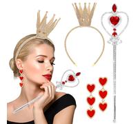 BTHRORO Set di accessori per il costume da regina, Corona d'oro Bacchetta di strass Orecchini Pendenti a cuore rosso per Donne Ragazza Halloween Carnevale festa di compleanno.