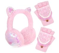 BTHRORO Set di Paraorecchie Guanti per Ragazze, Scaldaorecchie in Peluche Invernali Regolabili Paraorecchie Guanti Senza Dita per Bambini l'esterno e il Freddo