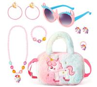 BTHRORO Unicorno Peluche Borsetta Gioielli Set per Bambini, Unicorn Occhiali da Sole Borsa Collana Bracciale Anello Accessori per Capelli Principessa Vestire Gioielli Forniture per Feste