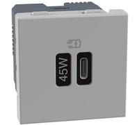 BTICINO Caricatore USB Tipo C, JG4294C, Caricatore con 1 Porta USB Tipo C, Potenza Max 45W, Quick Charge, Power Delivery, Ricarica di Dispositivi Elettronici, Presa Elettrica da Muro, 2 Moduli, Grigio