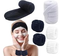 BTIYMU 6 Pezzi Fascia Capelli Skincare Donna Polsini Skin Care, Regolabile Fascetta Cerchietto Skincare Doccia Lavaggio Lavare il Viso Spa Kit, Set Fasce da Polso Fascia Trucco a Strappo(Nero, Bianco)