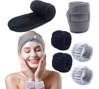 BTIYMU 6 Pezzi Fascia Capelli Skincare Donna Polsini Skin Care, Regolabile Fascetta Cerchietto Skincare Doccia Lavaggio Lavare il Viso Spa Kit, Set Fasce da Polso Fascia Trucco a Strappo(Nero, Grigio)