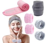 BTIYMU 6 Pezzi Fascia Capelli Skincare Donna Polsini Skin Care, Regolabile Fascetta Cerchietto Skincare Doccia Lavaggio Lavare il Viso Spa Kit, Set Fasce da Polso Fascia Trucco a Strappo(Rosa, Grigio)