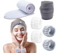 BTIYMU 6 Pezzi Fascia Capelli Skincare Donna Polsini Skin Care, Regolabile Fascetta Cerchietto Skincare Doccia Lavaggio Lavare il Viso Spa Kit, Set Fasce da Polso Fascia Trucco a Strappo Bianco Grigio