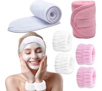 BTIYMU 6 Pezzi Fascia Capelli Skincare Donna Polsini Skin Care, Regolabile Fascetta Cerchietto Skincare Doccia Lavaggio Lavare il Viso Spa Kit, Set Fasce da Polso Fascia Trucco a Strappo(Bianco, Rosa)