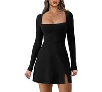 Btofellin Abito da donna con corpetto a maniche lunghe con scollo quadrato, abito a vita alta con spacco laterale svasato, mini abiti da cocktail club per feste, Nero , M