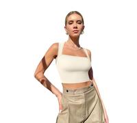 Btofellin Gilet da donna sexy con scollo quadrato senza maniche aderente crop top estivi a costine canotte in maglia basic casual tinta unita gilet elastico a fascia, Beige, L