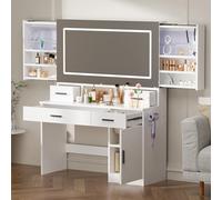 BTSAE Tavolo da toeletta con specchio e illuminazione, tavolo Vanity con 4 prese e porta asciugacapelli, 140 cm, bianco, con cassetto laterale estraibile, tavolo da trucco, moderno