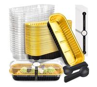 BTSD-home Confezione da 100 mini teglie per torte con coperchio e cucchiai, rettangolari in alluminio, mini teglie e contenitori per alimenti con coperchio (nero oro, 200 ml)
