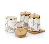 BTSKY Contenitori in ceramica bianca con coperchio e vassoio in legno, ermetici, 3 pezzi, contenitori per alimenti, per caffè, tè, zucchero, con coperchio in legno e manico in vetro