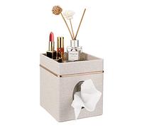 BTSKY Scatola porta fazzoletti quadrata in lino con vassoio portaoggetti superiore, per casa, ufficio, tavolo, scatola per fazzoletti con supporto superiore, beige