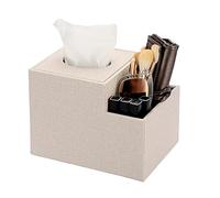BTSKY Scatola quadrata in lino con tasca laterale multifunzione organizer per telecomando, cosmetici, penne, matite - Scatola per fazzoletti da tavolo a cubo, porta tovaglioli, beige