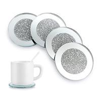 BTSKY Sottobicchieri rotondi in vetro a specchio con diamanti schiacciati, per tazze da caffè/tè, 4 pezzi