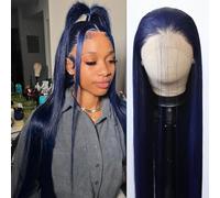 BTWTRY Parrucca Blu Scuro Lungo Diritto Blu Navy Sintetico Pizzo Anteriore Parrucche Pre Plucked Naturale Hairline Per Le Donne Nere Resistente Al Calore Fibra Capelli Cosplay Uso Diar