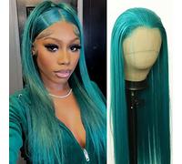 BTWTRY Parrucca sintetica verde smeraldo con pizzo frontale, parrucca sintetica lunga e liscia, con attaccatura dei capelli naturale pre-pizzicata, senza colla, in fibra resistente al calore, per