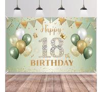BTZO Banner Happy 18th Birthday - Sfondo verde salvia oro per ragazzi e ragazze, decorazioni in tessuto 180 x 110 cm