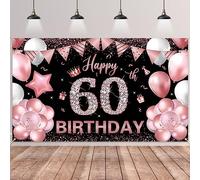 BTZO Happy 60th Birthday Decorations, sfondo fotografico in tessuto oro rosa e nero, per uomini e donne, decorazione per feste di anniversario, 180 x 110 cm