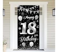 BTZO Striscione porta "Happy 18th Birthday", sfondo nero argento, 185 x 90 cm
