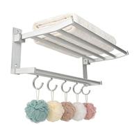 Buachois 40cm Towel Shelf with 5 Hooks, Wall Mounted Bathroom Foldable Rack for Bathtowel Robe Brushes and Sponges, Aluminum Towel Holder
