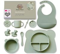 Bubba Bear Set di stoviglie in silicone per bambini, antiscivolo, con ventosa, 11 pezzi, senza BPA, con cucchiaio, forchetta, ciotola, bavaglino, tazza per imparare a bere (verde salvia)