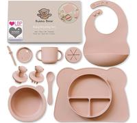 Bubba Bear Set di stoviglie in silicone per bambini, antiscivolo, con ventosa, 11 pezzi, senza BPA, con cucchiaio, forchetta, ciotola, bavaglino, tazza per imparare a bere (rosa polveroso)