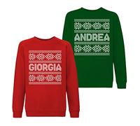 bubbleshirt Coppia Set Felpe Personalizzate con Nome, Maglie Natalizie Uomo Donna Girocollo Rossa Verde - Idee Merry Christmas per Regali Originali