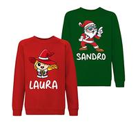 bubbleshirt Coppia Set Felpe Personalizzate con Nome, Maglie Natalizie Uomo Donna Girocollo Rossa Verde - Idee Merry Christmas per Regali Originali