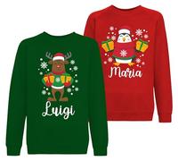 bubbleshirt Coppia Set Felpe Personalizzate con Nome, Maglie Natalizie Uomo Donna Girocollo Rossa Verde - Idee Merry Christmas per Regali Originali