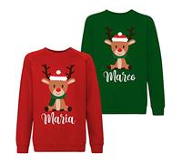bubbleshirt Coppia Set Felpe Personalizzate con Nome, Maglie Natalizie Uomo Donna Girocollo Rossa Verde - Idee Merry Christmas per Regali Originali