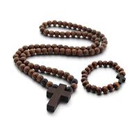 BUBEFSKD Crocifisso Gesù Bracciale In Legno Collana Pendente Per Uomo Donna Perline Legno Intagliato Lungo Rosario Collane Cattoliche Ebreo Maschile Catena Maglione Le Donne
