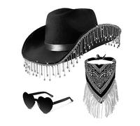 BUBEFSKD Western Cowboy Hat Eyewear per doccia nuziale cowgirl Headscarf Costume Female Headwear Night Club Halloween Rassonstone Franse Cowgirl Hat Set accessori per feste