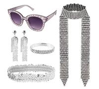 Bubuny 5 Pezzi Discoteca Accessori Costume Da Discoteca Anni 70 80 Discoteca Set di Gioielli Per Le Donne 70s Fringes Collana Orecchini Occhiali da Sole Quadrati Strass Braccialetto