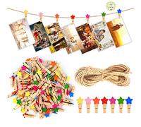 Bubuyun 100 pezzi Mini Mollette Legno, Mini Mollette di Legno Colorate Mollettine Decorative, 30M Spago di Iuta per Decorazione Domestica e Artigianale Visualizzazione di Foto