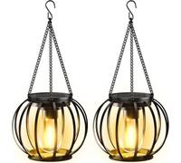 BUCASA Luci solari da giardino all'aperto, confezione da 2 lanterne solari in metallo per esterni, con catena e gancio, luci solari da appendere con spegnimento automatico, impermeabili, ornamenti da