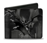 Buckle-Down DC Comics Portafoglio, Bifold, Batman Beauty of Flight Action Pose Bats Skyline Nero Grigio, Pelle Vegana