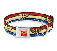 Buckle Down DC-WWW040-S Collare per Cani con Cintura di Sicurezza, Piccolo, Logo Wonder Woman, Strisce con Stelle, Rosso/Oro/Blu/Bianco (ripetere Il Logo WW)