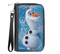 Buckle-Down Disney Wallet, Zip Around, Frozen Olaf Smiling Pose and Text Snowflakes Blues/White, Vegan Leather