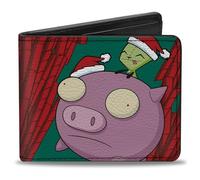 Buckle-Down Invader Zim Portafoglio, Bifold, Holiday Invader Zim Santa GIR e Piggy Flying Rosso Verde, Pelle Vegana